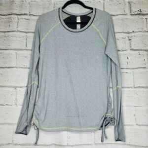 Lucy Tech Striped Ruched Top Womens Large Gray Thumb Hole Pullover Crew Shirt
